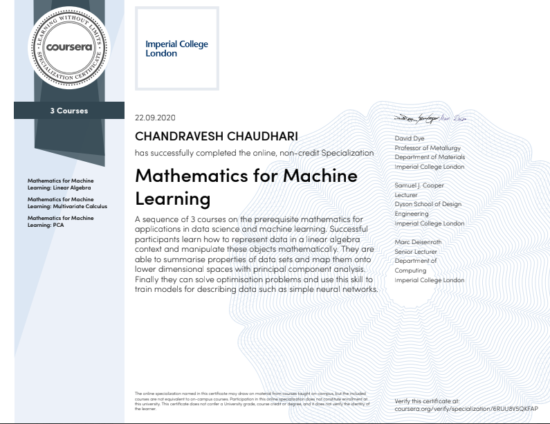 Mathematics for Machine Learning Specialization (Imperial College London)